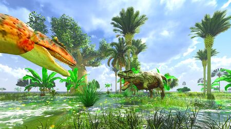 Prehistoric landscape with big dinosaur