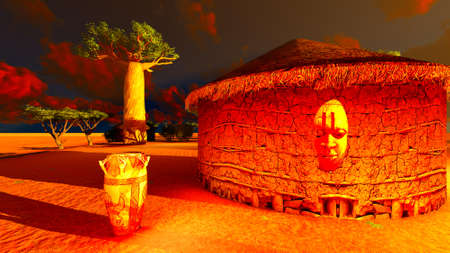 African village with traditional huts surrounded by baobab trees