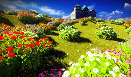 Beautiful landscape with flowers and castleの写真素材