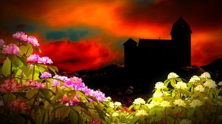 Beautiful landscape with flowers and castleの写真素材