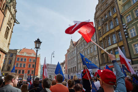 Committee for the Defence of Democracy supporters protesting in Wroclaw on 03.04.2016のeditorial素材