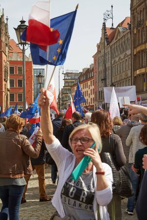 Committee for the Defence of Democracy supporters protesting in Wroclaw on 03.04.2016のeditorial素材