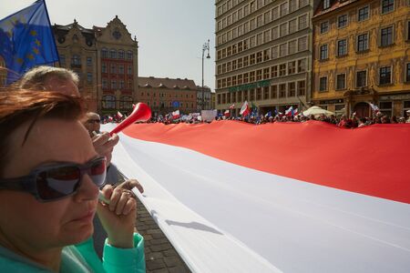 Committee for the Defence of Democracy supporters protesting in Wroclaw on 03.04.2016のeditorial素材