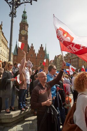 Committee for the Defence of Democracy supporters protesting in Wroclaw on 03.04.2016