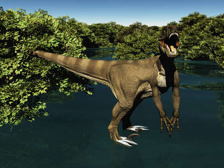 Velociraptor the dinosaur on marsh land