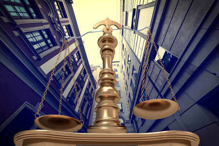 Gold scales of justice in courtの写真素材