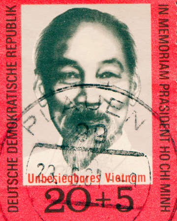 GERMANY- CIRCA 1970: A stamp printed in Germany shows Ho Chi Minh, circa 1970のeditorial素材