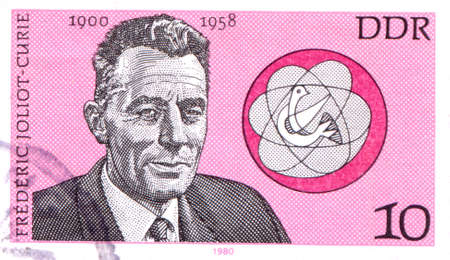 GERMANY - CIRCA 1980: a stamp printed in Germany showing Frederic Joliot-Curie, French Physicistのeditorial素材