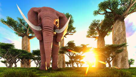 3d illustration of the elephant walking near baobabsの写真素材