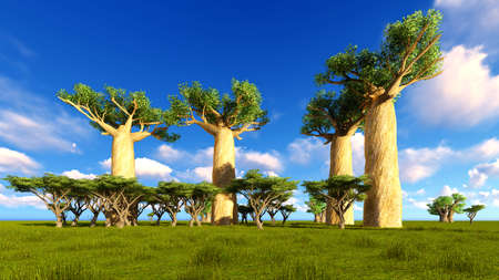 3d illustration of the elephant walking near baobabsの写真素材