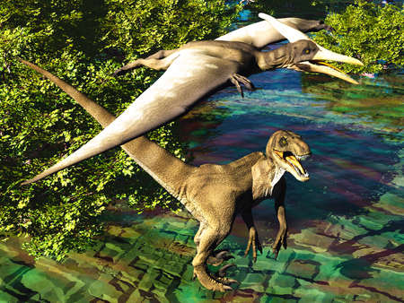 Velociraptor and pterodactyl fighting with each otherの写真素材