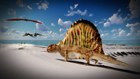 Flying pterodactyl over the landの写真素材