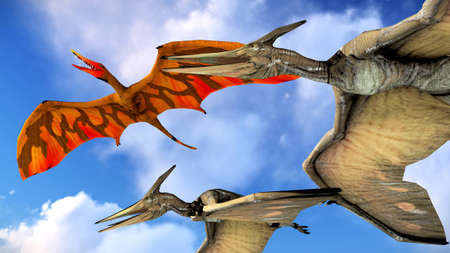Flying pterodactyl against the beautiful cloudscape 3d illustrationの写真素材
