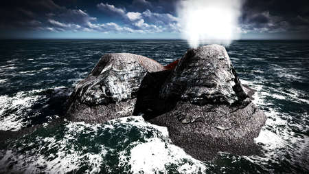 Volcanic eruption on island 3d renderingの写真素材
