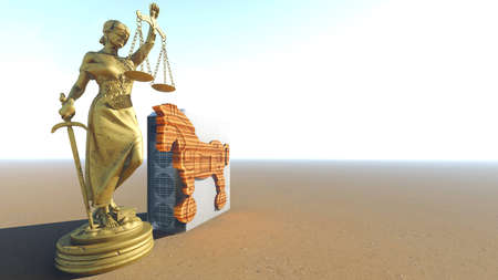 Trojan horse and computer. Law conception. 3d renderingの写真素材
