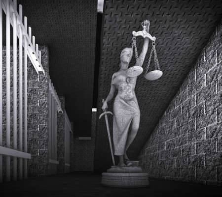 Prison bars and Lady of Justice 3d renderingの写真素材