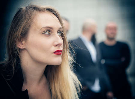 Beautiful caucasian female singer posing for promotional materialの写真素材