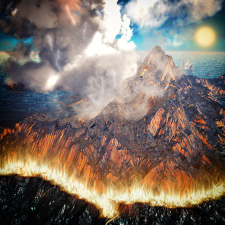 Burning caldera of the volcano 3d renderingの写真素材