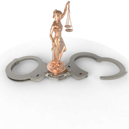 Lady of Justice statue and handcuffs 3d renderingの写真素材