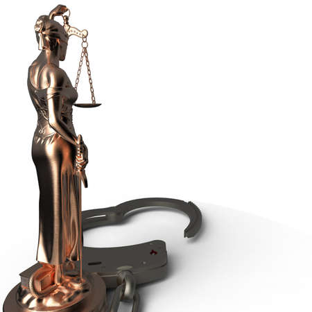 Lady of Justice statue and handcuffs 3d renderingの写真素材