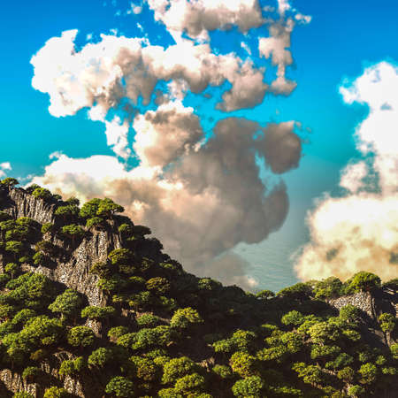 Volcanic eruption on island 3d rendering