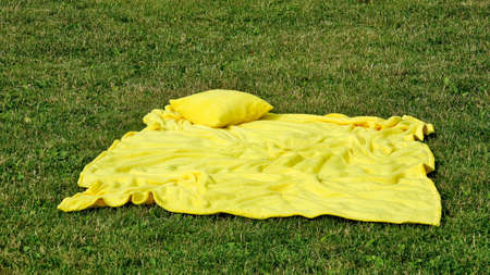 yellow pillow and blanket on the grassの写真素材
