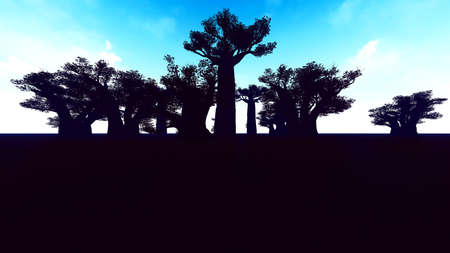 Awesome baobabs in African savannah 3d renderingの写真素材