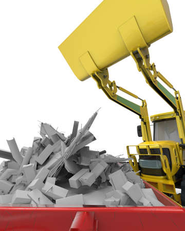 Industrial background with skip and bulldozer 3d renderingの写真素材