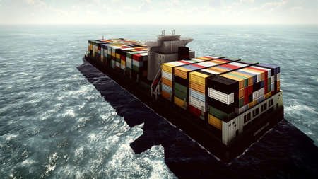 Huge container on way to port 3d renderingの写真素材