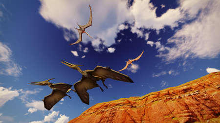 Flying pterodactyl against the beautiful cloudscape 3d illustrationの写真素材