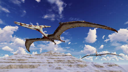 Flying pterodactyl against the beautiful cloudscape 3d illustrationの写真素材