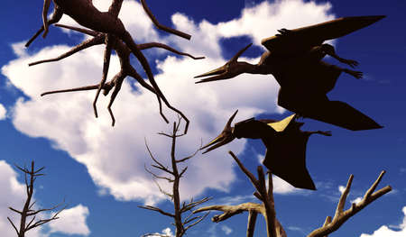 Flying pterodactyl against the beautiful cloudscape 3d illustrationの写真素材