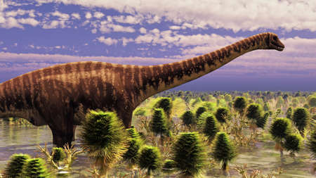 Prehistoric landscape with big diplodoc 3d renderingの写真素材