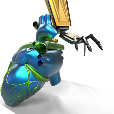 Human heart 3d model with a robot handの写真素材