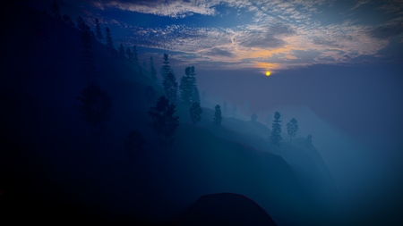 Forest in the mountains at duskの写真素材