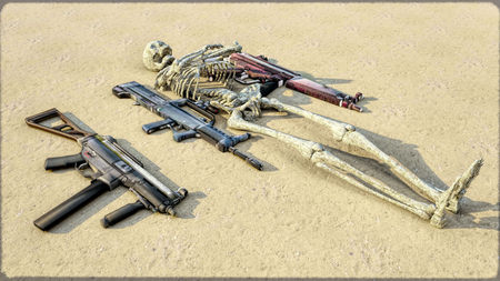 Human skeleton lying on desert