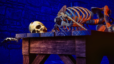 Human skeleton in medieval dungeon 3d renderingの写真素材