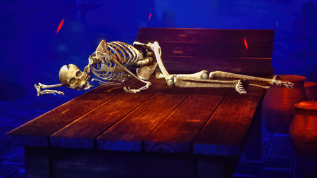Human skeleton in medieval dungeon 3d renderingの写真素材