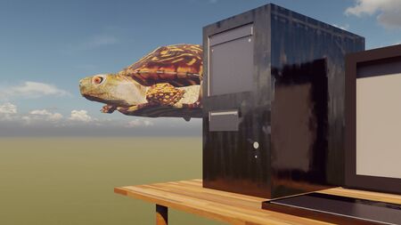 turtle and slow computer with keyboard, slow internet 3d rendering