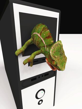 chameleon and slow computer 3d illustrationの写真素材