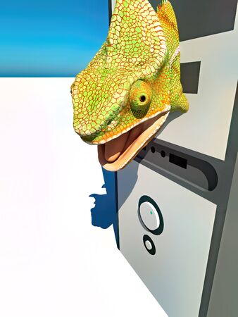 chameleon and slow computer 3d renderingの写真素材