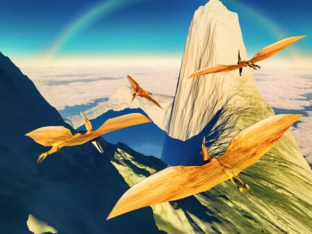 Flying pterodactyl against the volcanic crrater 3d illustrationの写真素材