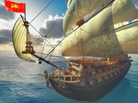 old ship in sea sunset 3d renderingの写真素材