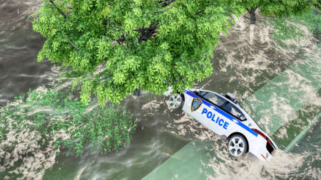 flooded road during a flood caused by heavy rain 3d renderingの写真素材