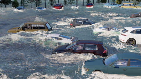 flooded road during a flood caused by heavy rain 3d renderingの写真素材