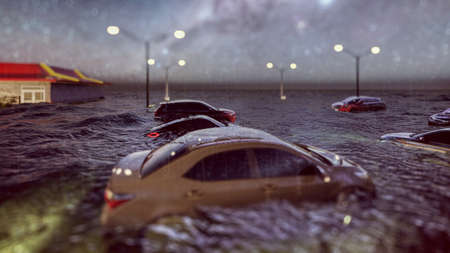 flooded road during a flood caused by heavy rain 3d rendering