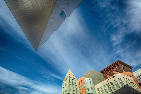 Triangular and other unusual shapes outline an ultra-modern urban skyline   Featuring the Denver Art Museum and downtown public library のeditorial素材