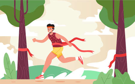 the runner victory reaches the finish, flat illustrationのイラスト素材