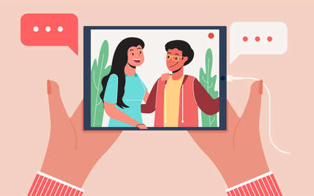 hand holding the tablet with a friend on the screen. modern online video call flat illustration conceptのイラスト素材