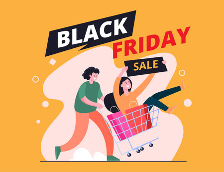black friday sale illustration concept, 2 people and pushing shopping cart happily because of lots of discountsのイラスト素材